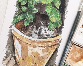 Original Watercolour Cat Painting Illustration, Cat in Flower Pot Painting, Sleeping Cat Drawing, Animal Painting, Kitty Cat Illustration