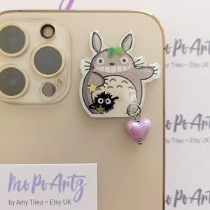 Kawaii Grey Totoro Soot Sprite Purple Heart Phone Charm Hook, Hanger Phone Decoration, Studio Ghibli My Neighbor Totoro  Inspired Charm Hook