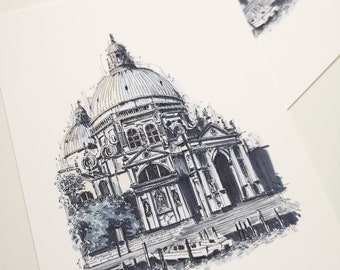 Druk artystyczny Santa Maria della Salute: Bazylika Wenecka, ilustracja piórem i tuszem
