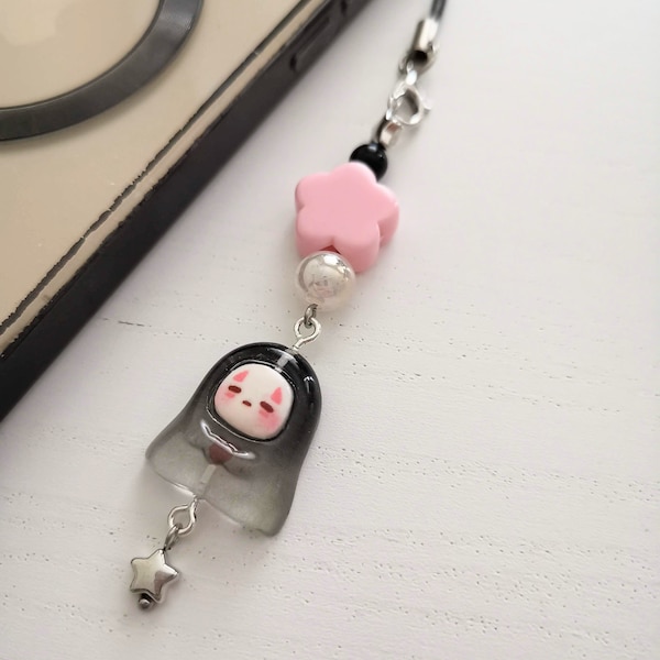 Kawaii No Face Kaonashi Handyanhänger, Anime Handyanhänger, Studio Ghibli inspirierter Handyanhänger, Harzanhänger, rosa Blume Silber Stern Perlenanhänger