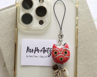 Charm pour téléphone masque princesse Mononoké en argile fait main, fausses dents de loup, accessoire de sac en feuille de bois