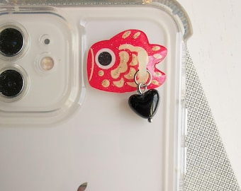 Kawaii Red Koi Fish Phone Charm: Lucky Gold Fish with Black Heart