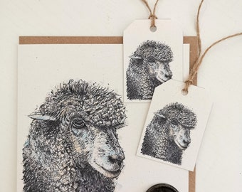 Woolly Sheep Greeting Card, Handmade Blank Greeting Card from my Original Art Work. Free 2 x Matching Gift Tags + Handmade Wax Seal Sticker