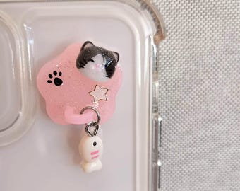Kawaii Cat Phone Charm Hook: Pink Star, Dangly Fish