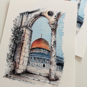 A5 ART PRINT of Al Aqsa Mosque Masjid, Dome of the Rock, Mosque Illustration, Eid Gift, Printed from my own Original Watercolour Painting