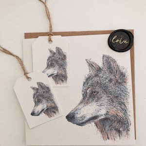 Wolf dierenwenskaart, handgemaakte blanco wenskaart van mijn originele kunstwerk. Gratis 2 x bijpassende cadeaukaartjes + handgemaakte lakzegelsticker