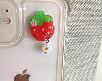 Kawaii Strawberry Phone Charm Hook: Sparkly Fruit, Glass Flower