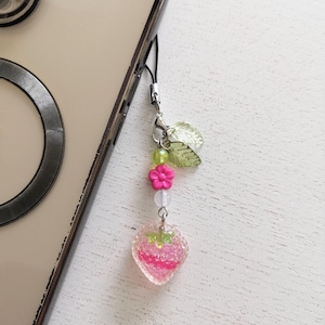 Cute Sparkly Strawberry Fruit Dark Pink Flower Phone Charm, Blossom Leaf Beaded Phone Charm, Resin Fruit, Keychain, Keyring, Handmade Gift