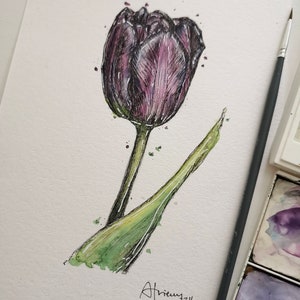 Penna e inchiostro originali A5 con illustrazione della pittura del tulipano viola dell'acquerello, arte della pittura del tulipano, regalo di arte del fiore, mese dei fiori di aprile.