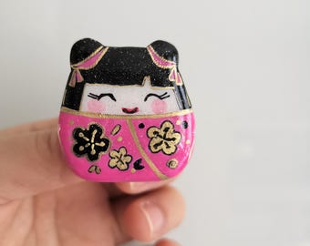 Handmade Kokeshi Geisha Clay Pin, Pink Kimono Brooch, Oriental Doll Charm