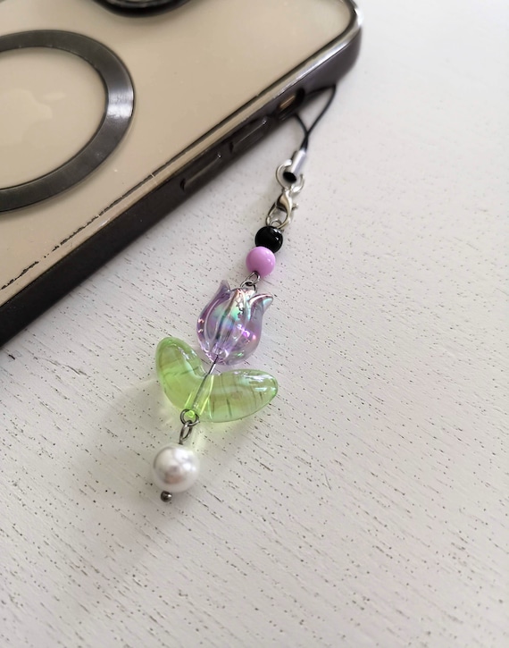 3D Purple Tulip Beaded Phone Charm, Handmade Keychain