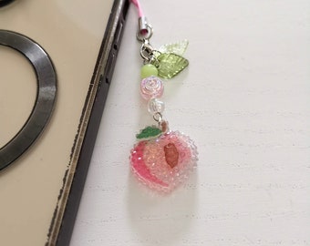 Sparkly Peach Phone Charm: Handmade Resin Fruit Keychain