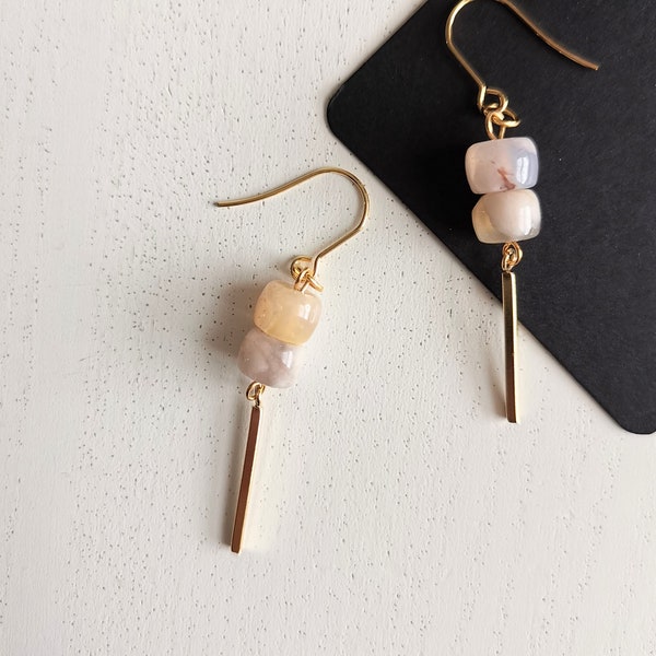 Natural Sakura Agate Stone with Long Gold Bar Earrings, Blossom Cherry Agate Dangle Earrings, Thin Gold Bar Earrings, Handmade Earring Gift