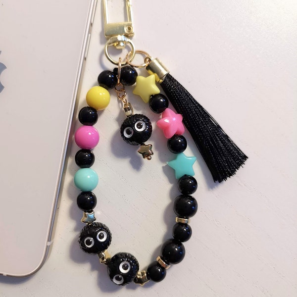 Kawaii Japanese Anime Keychain, Soot Sprites Anime Phone Charm, Studio Ghibli Inspired Phone Bag Charm, Pink Yellow Star Beaded Tassle Charm