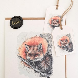 Flauschige Rotfuchs Grußkarte, Handgefertigte Grußkarte von meinem Original Kunstwerk. 2x Geschenkanhänger + handgefertigter Wachs-Siegel-Aufkleber gratis dazu