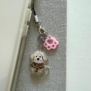 Sparkly Leopard Top Dog Poodle Dog Pink Paw Crackle Bead Phone Charm, Handmade Resin Paw, Doggy Phone Charm, Gift for Mobile, iPhone, Bag