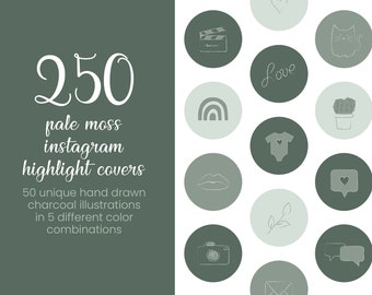 250 paletas de musgo, cubiertas de instagram verdes y polvorientas, ilustraciones únicas de carbón dibujadas a mano, iconos de redes sociales para bloggers de Insta