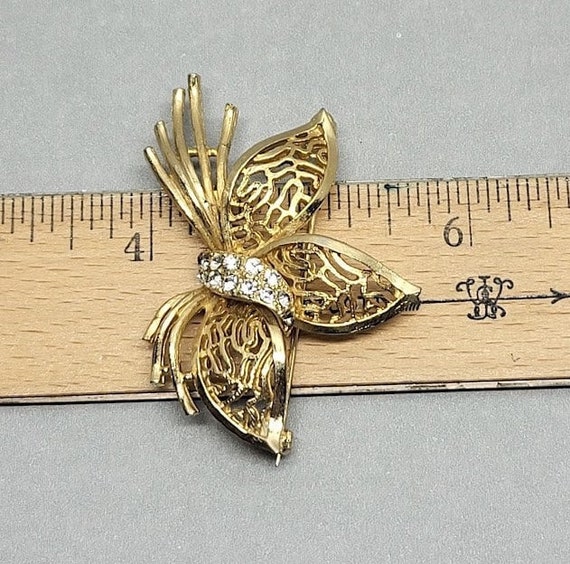 Vintage Rhinestone Filigree Leaf Brooch Pin with … - image 6