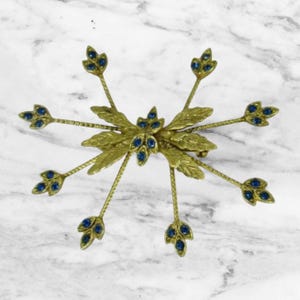 Vintage Gilded Goldtone Brooch Pin with Sapphire Blue Rhinestones Multilayered  Statement Brooch