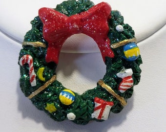 Vintage Green Christmas Wreath Brooch Pin Candy Cane Stocking Present and Bow