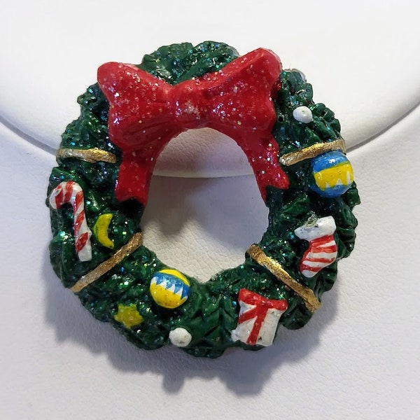 Vintage Green Christmas Wreath Brooch Pin Candy Cane Stocking Present and Bow