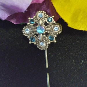 Vintage Silver Tone Stickpin Lapel Pin with Blue Rhinestones Circa 1970s 2.75" Long