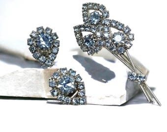 Vintage Ice Blue Rhinestone Brooch Pin and Earrings Demi Parure Set