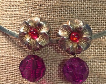 Vintage 1960s Flower Earrings with Cabochon and Drop Bead Post Back, Rockabilly Styling