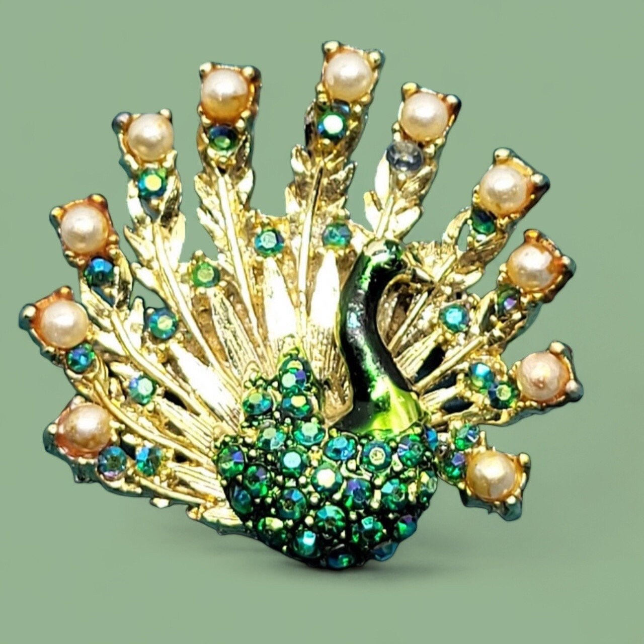 Vintage Gold Plated Peacock Rhinestone Brooch