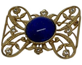 Vintage Rhinestone  Brooch Pin with Polished Blue Cabochon
