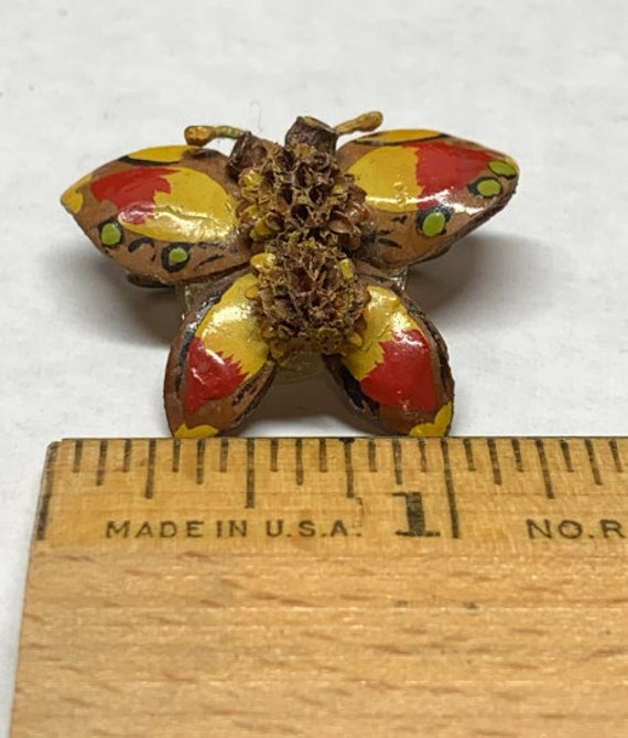 Butterfly Brooch Pin Made From Nut Shell Hand Car… - image 2