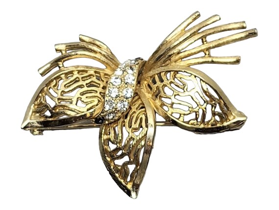 Vintage Rhinestone Filigree Leaf Brooch Pin with … - image 3