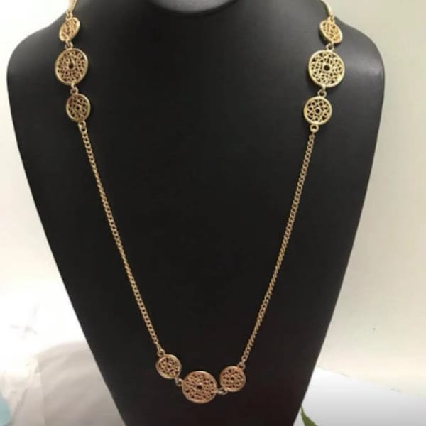 34” Long Coin Necklace Gold Tone Filigree Design Vintage