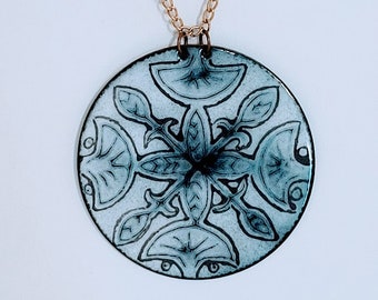 Large Hand Crafted Copper Enamel Pendant With 18&quot; Goldtone Chain BOHO Vintage 1970s
