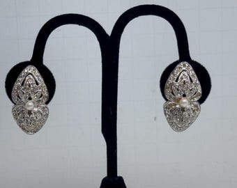 Pendientes vintage con clip, diamantes de imitación transparentes y perlas de imitación