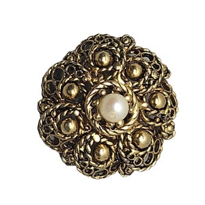 Vintage Antiqued Goldtone Domed Pearl Brooch Pin Circa 1970s