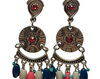 Vintage Boho Drop Earrings with Rhinestones and Beads Gold Disk Post Back Circa 1980s