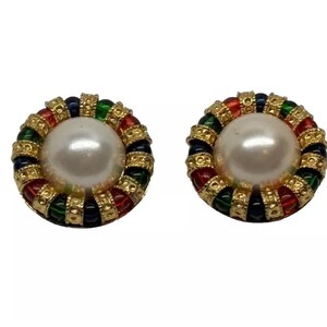 Landau Signed Clip On Earrings Faux Pearl and Enamel Vintage 80s Excellent Condition