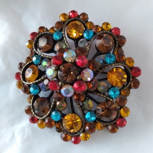 Può includere: Un grande e ornato spilla con un designo floreale. Lo spilla è fatto di metallo e presenta una varietà di strass colorati, tra cui rosso, arancione, giallo, blu e marrone.