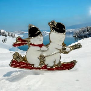 Vintage Schneemann Schlitten Brosche Weihnachten Winter Urlaub