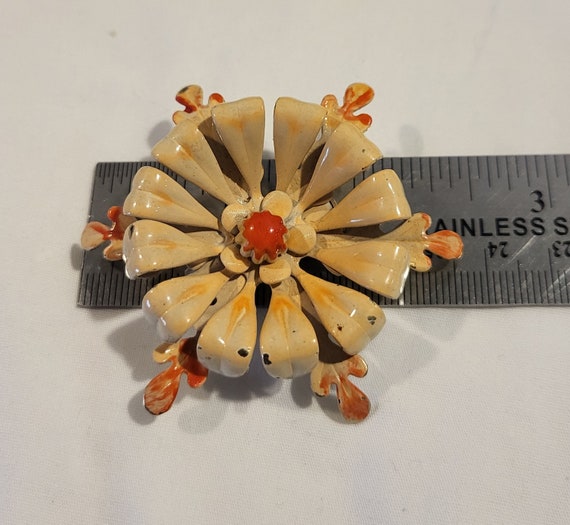 Vintage Orange Enamel Flower Brooch Pin Layered T… - image 3