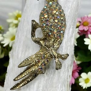 Sparkling Vintage Figural Bird on a  Branch Brooch Pin with AB Rhinestones and Red Eye 2.5” Tall