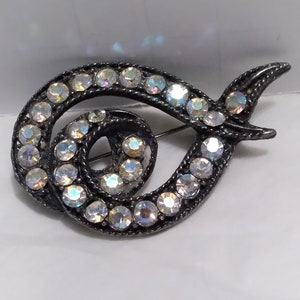 Vintage 60s AB Rhinestone Swirled Brooch Pin with Black Enamel Mourning Brooch Art Deco Style Aurora Borealius Stones