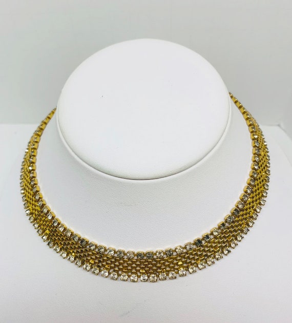 Vintage 14.75” Goldtone Mesh Necklace With Rhines… - image 1