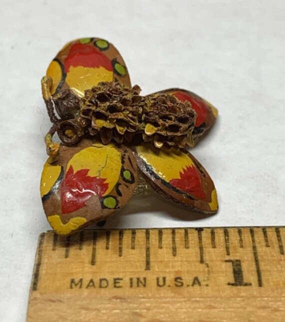 Butterfly Brooch Pin Made From Nut Shell Hand Car… - image 3