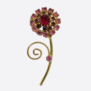 Vintage Colorful Rhinestone Floral Brooch Pin Red and Pink Flower Circa 1970s