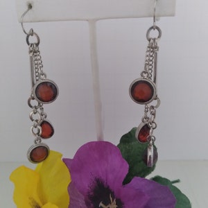 Vintage 90s BOHO Earrings Silvertone Chain and Amber Bead Drop Bohemian