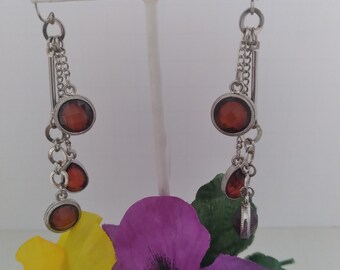 Vintage 90s BOHO Earrings Silvertone Chain and Amber Bead Drop Bohemian