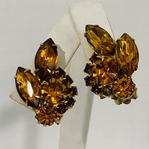 Vintage 1950s Amber Glass Rhinestone Earrings Clip On  Navettes Stunning