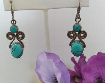 Vintage 80s Sterling Silver Swirled Earrings Marked 925 BOHO Howlite Faux Turquoise Bezel Set